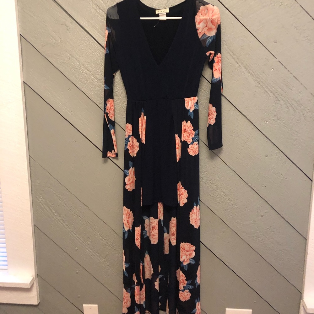 Blue Dress with sheer long sleeves & floral print